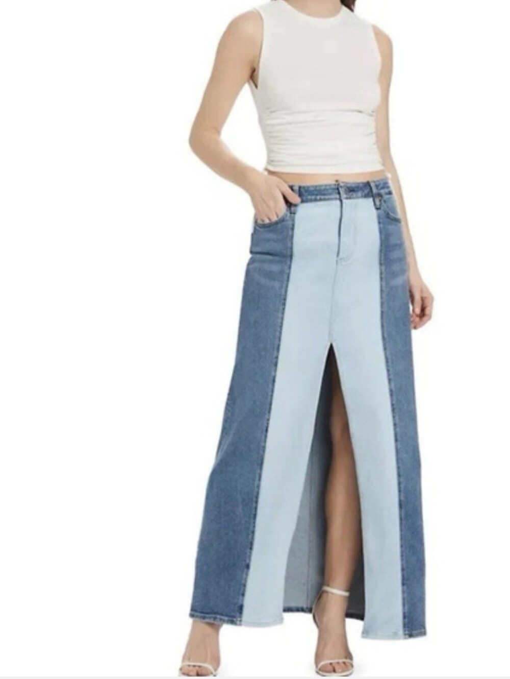 Alice + Olivia - Rye Denim Two Tone Maxi Skirt in Brooklyn Blue Size 29